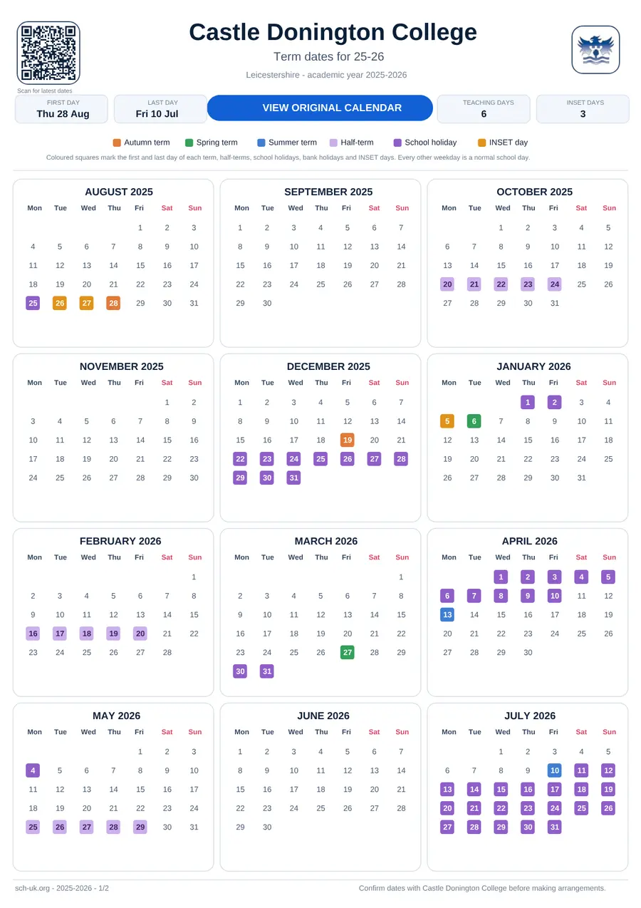 Castle Donington College interactive calendar 2025–2026