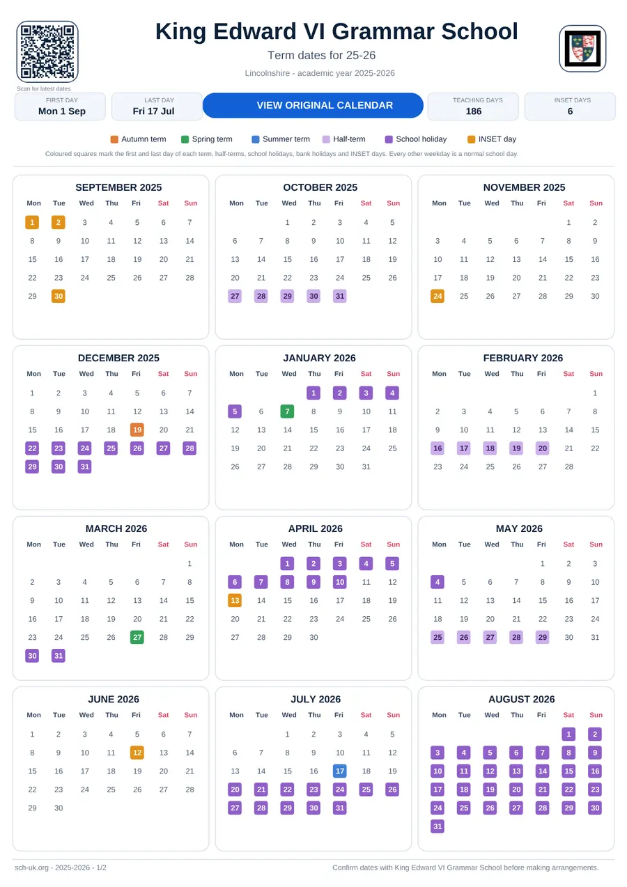 King Edward VI Grammar School interactive calendar 2025–2026