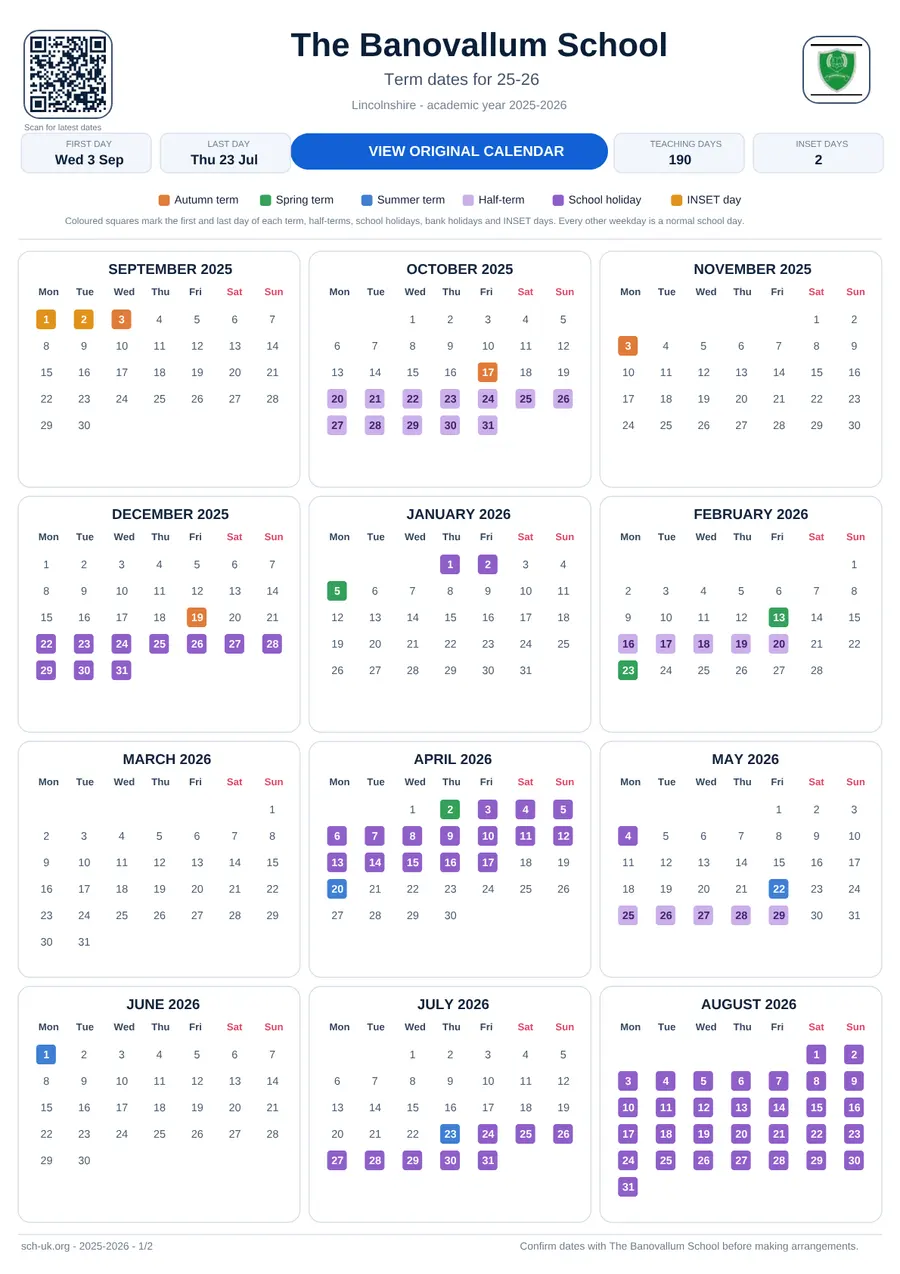The Banovallum School interactive calendar 2025–2026
