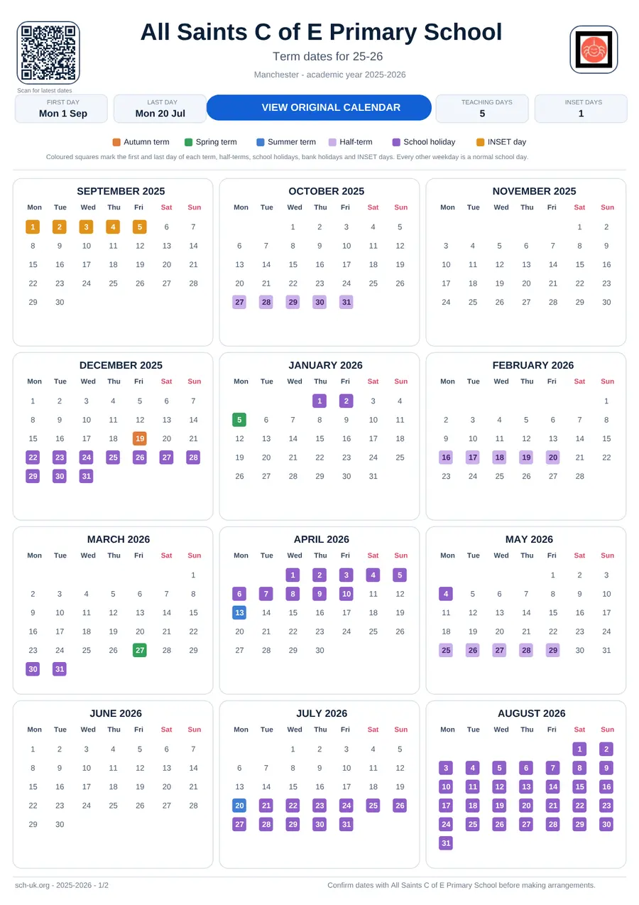 All Saints C of E Primary School interactive calendar 2025–2026
