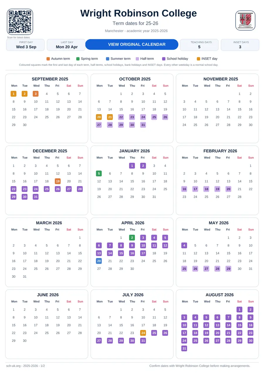 Wright Robinson College interactive calendar 2025–2026