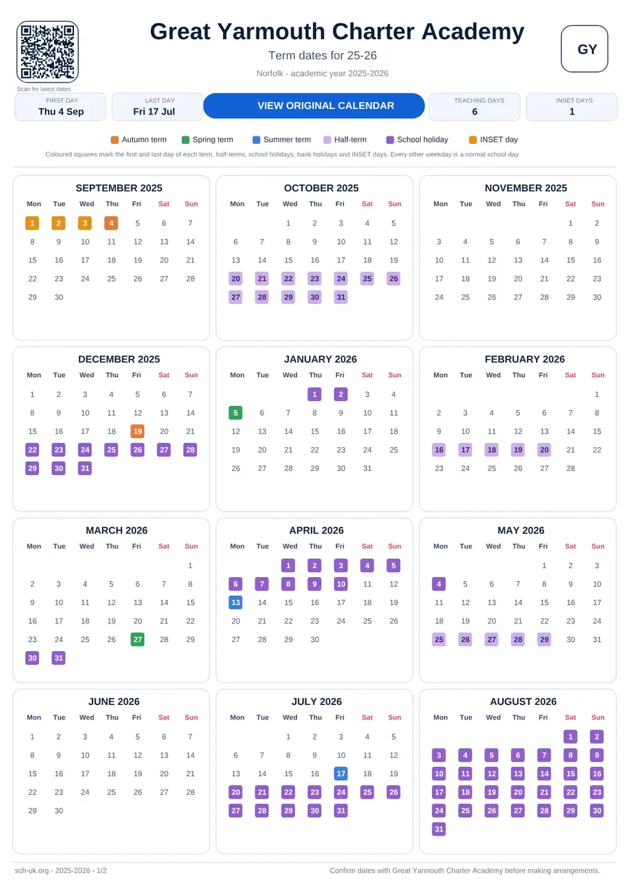 Great Yarmouth Charter Academy interactive calendar 2025–2026