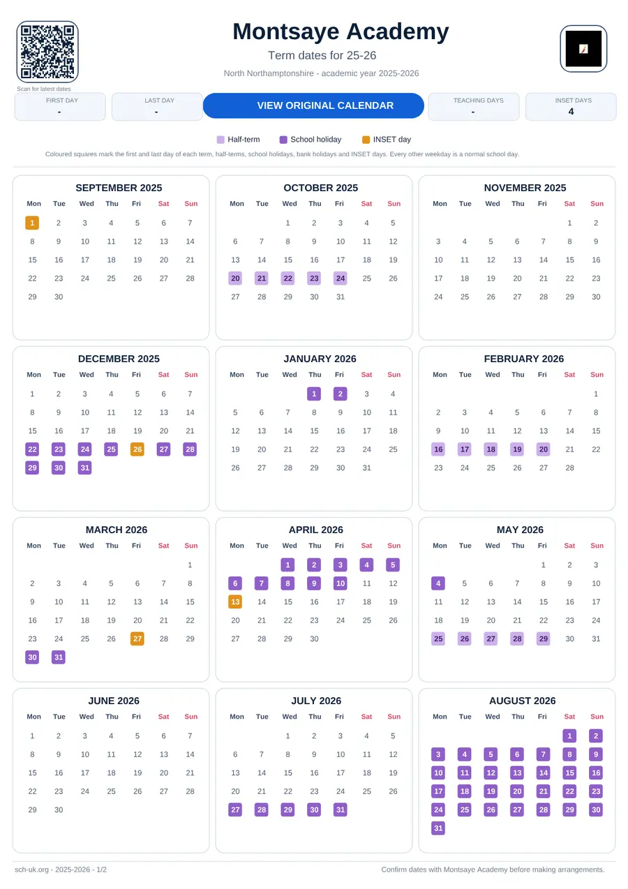 Montsaye Academy interactive calendar 2025–2026