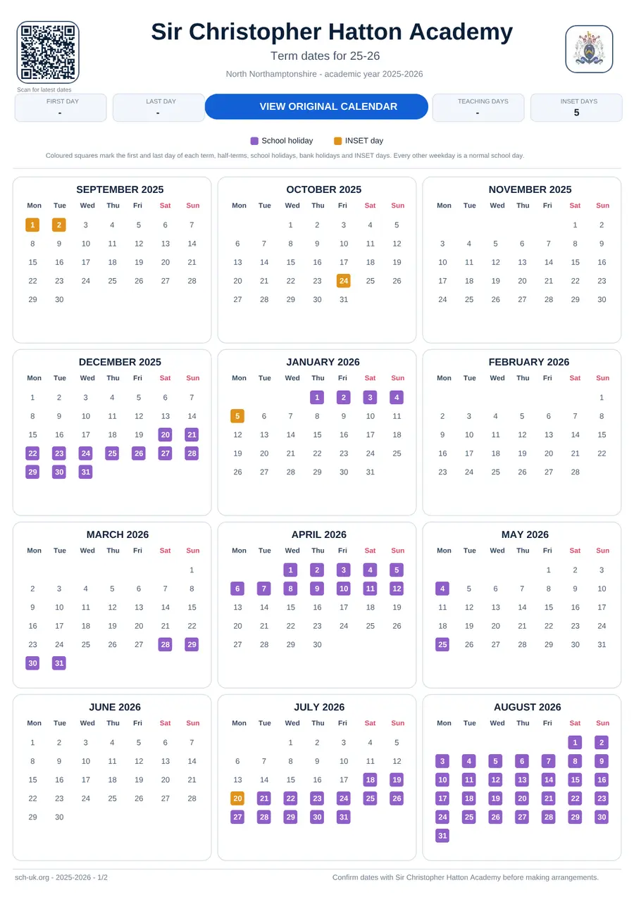 Sir Christopher Hatton Academy interactive calendar 2025–2026