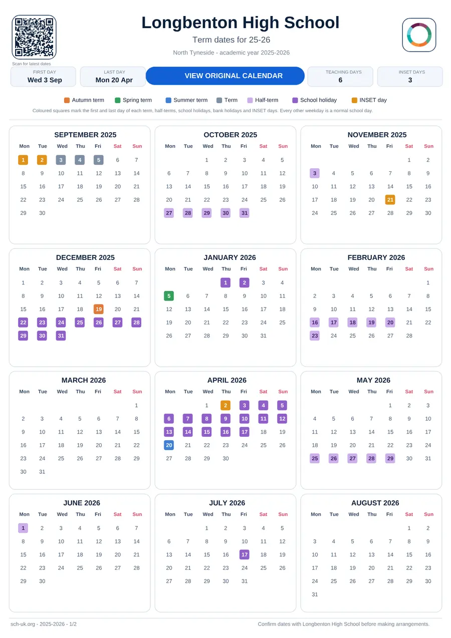 Longbenton High School interactive calendar 2025–2026