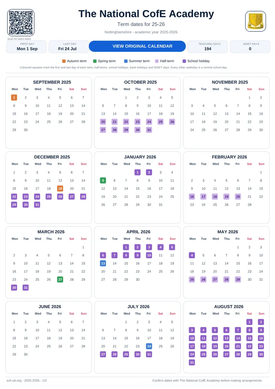 The National CofE Academy interactive calendar 2025–2026
