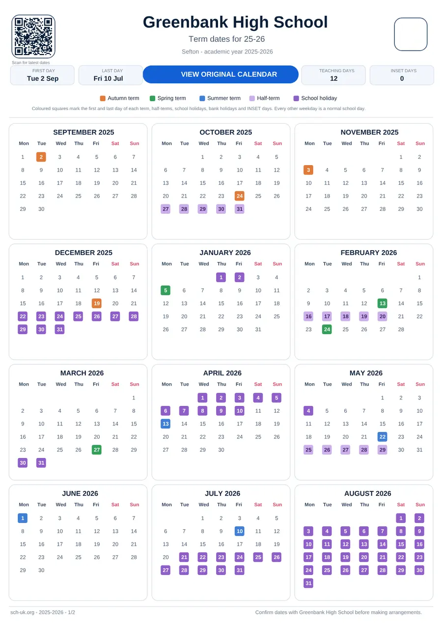 Greenbank High School interactive calendar 2025–2026