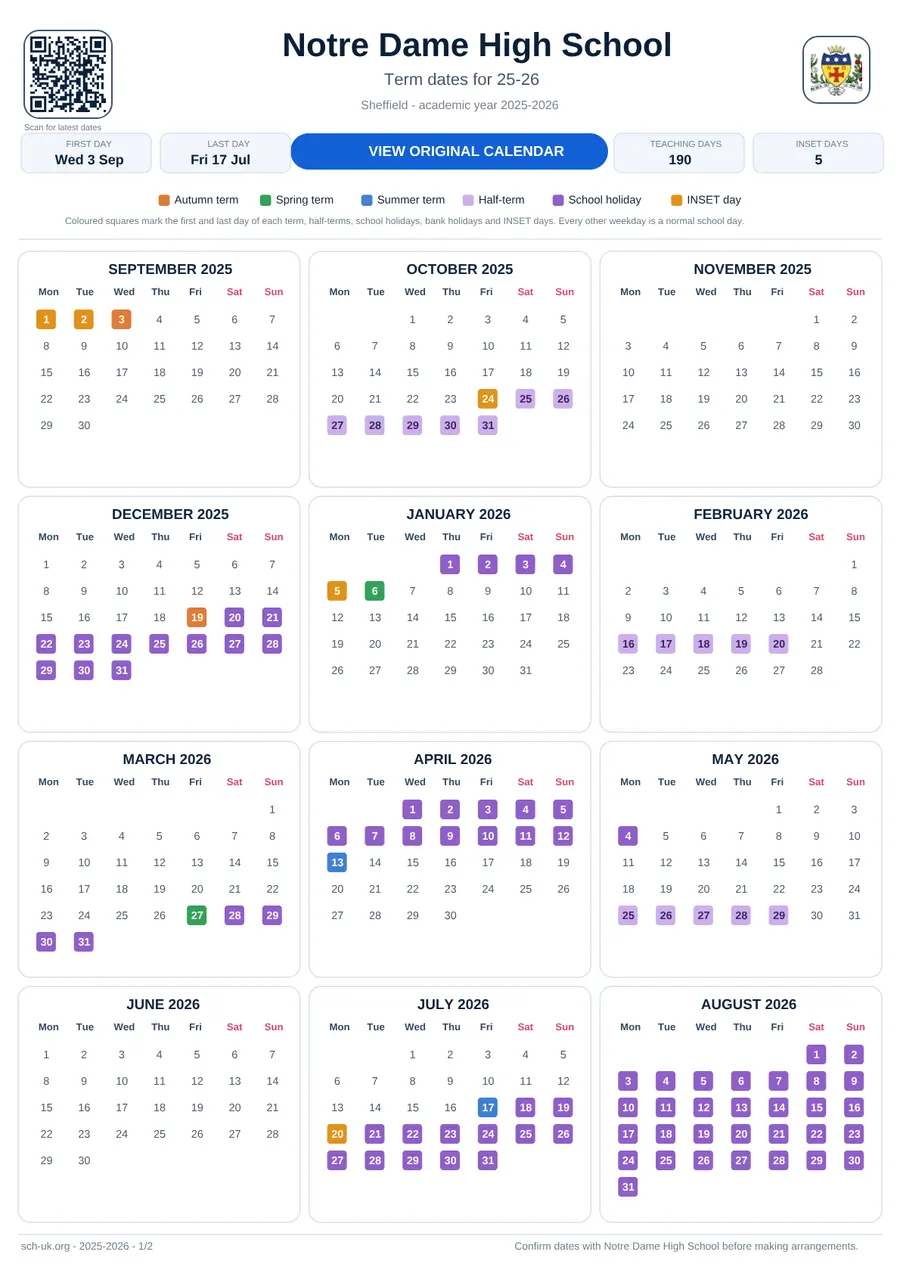 Notre Dame High School interactive calendar 2025–2026