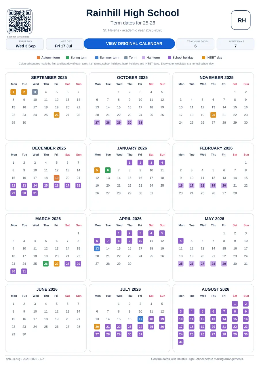 Rainhill High School interactive calendar 2025–2026