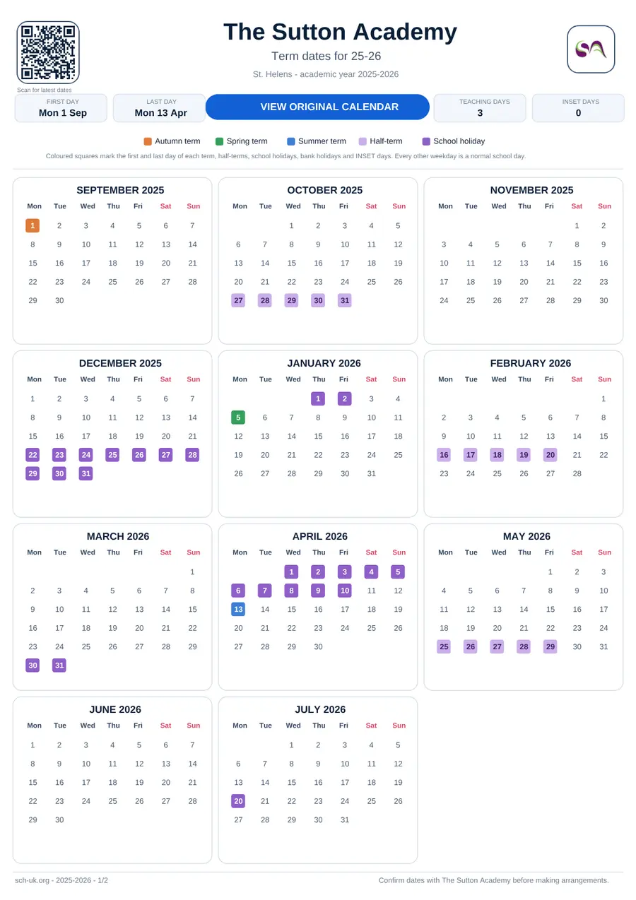 The Sutton Academy interactive calendar 2025–2026