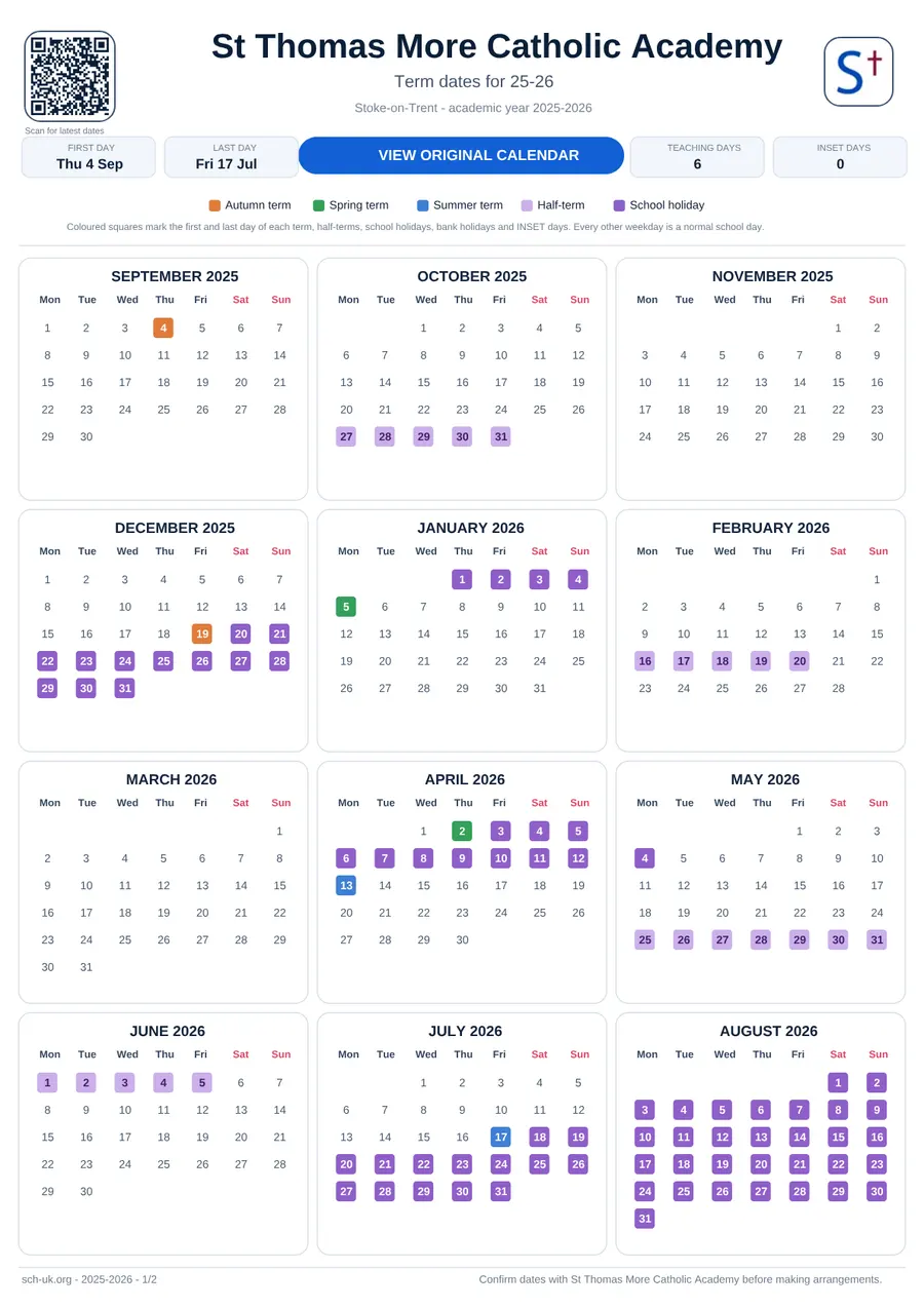 St Thomas More Catholic Academy interactive calendar 2025–2026