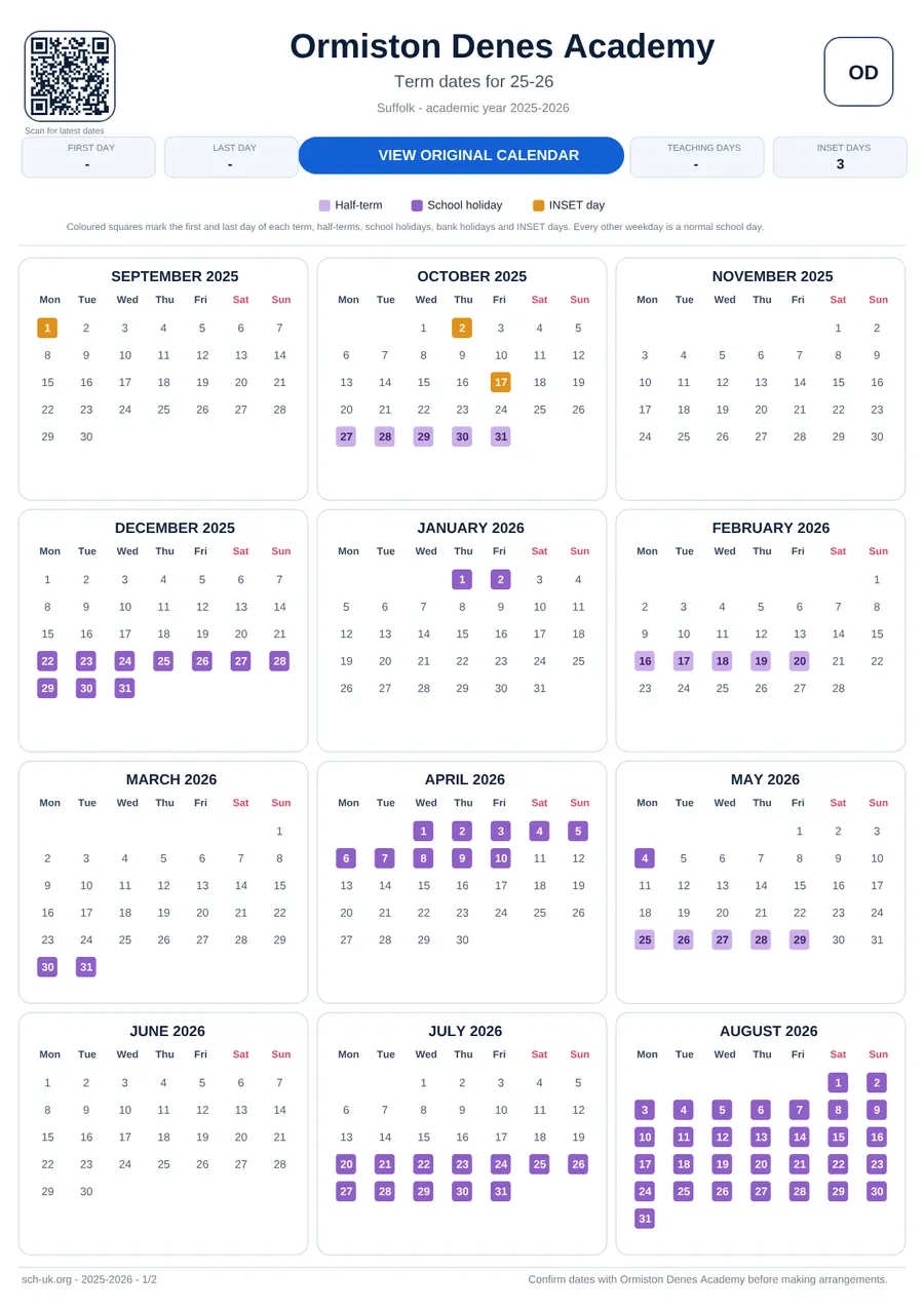 Ormiston Denes Academy interactive calendar 2025–2026