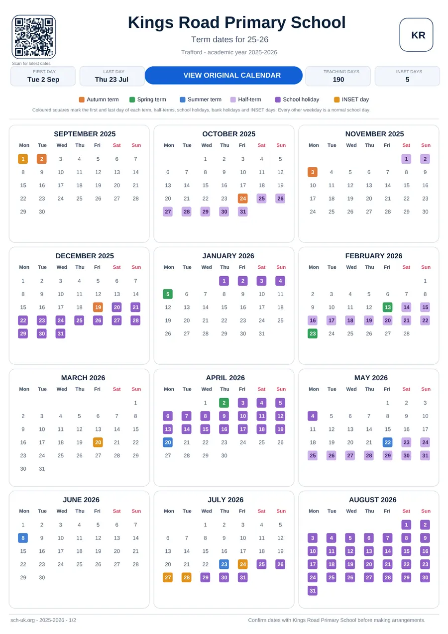 Kings Road Primary School interactive calendar 2025–2026