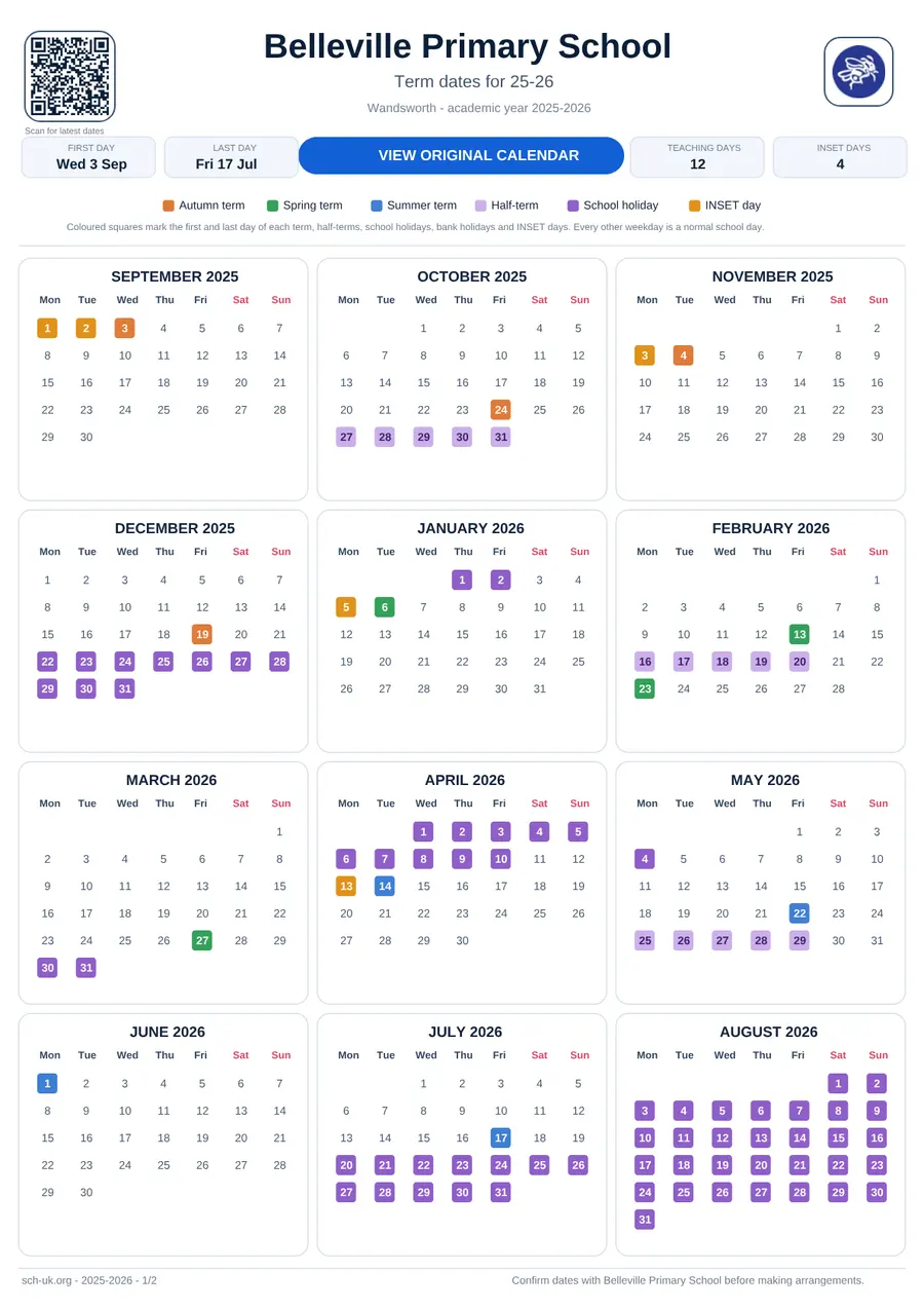 Belleville Primary School interactive calendar 2025–2026