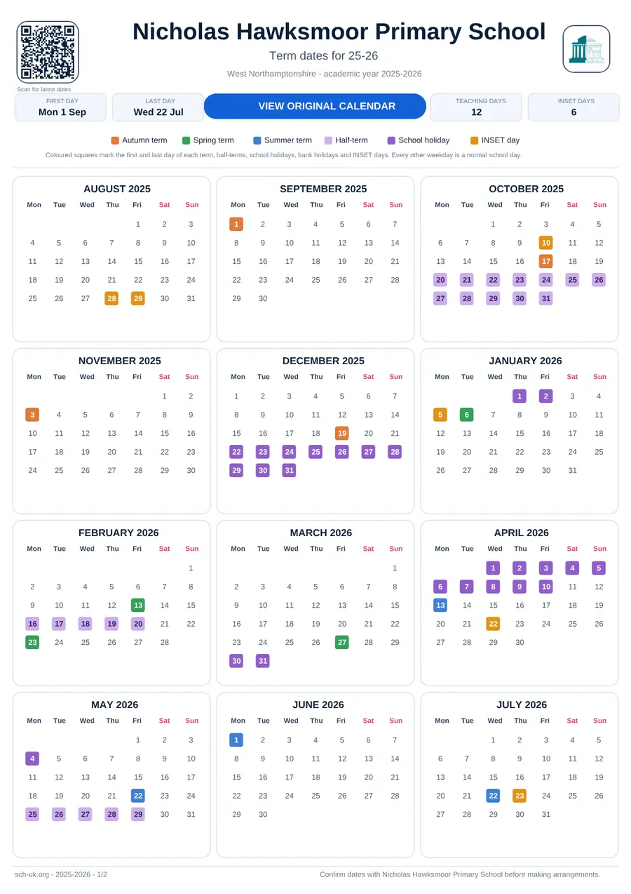 Nicholas Hawksmoor Primary School interactive calendar 2025–2026