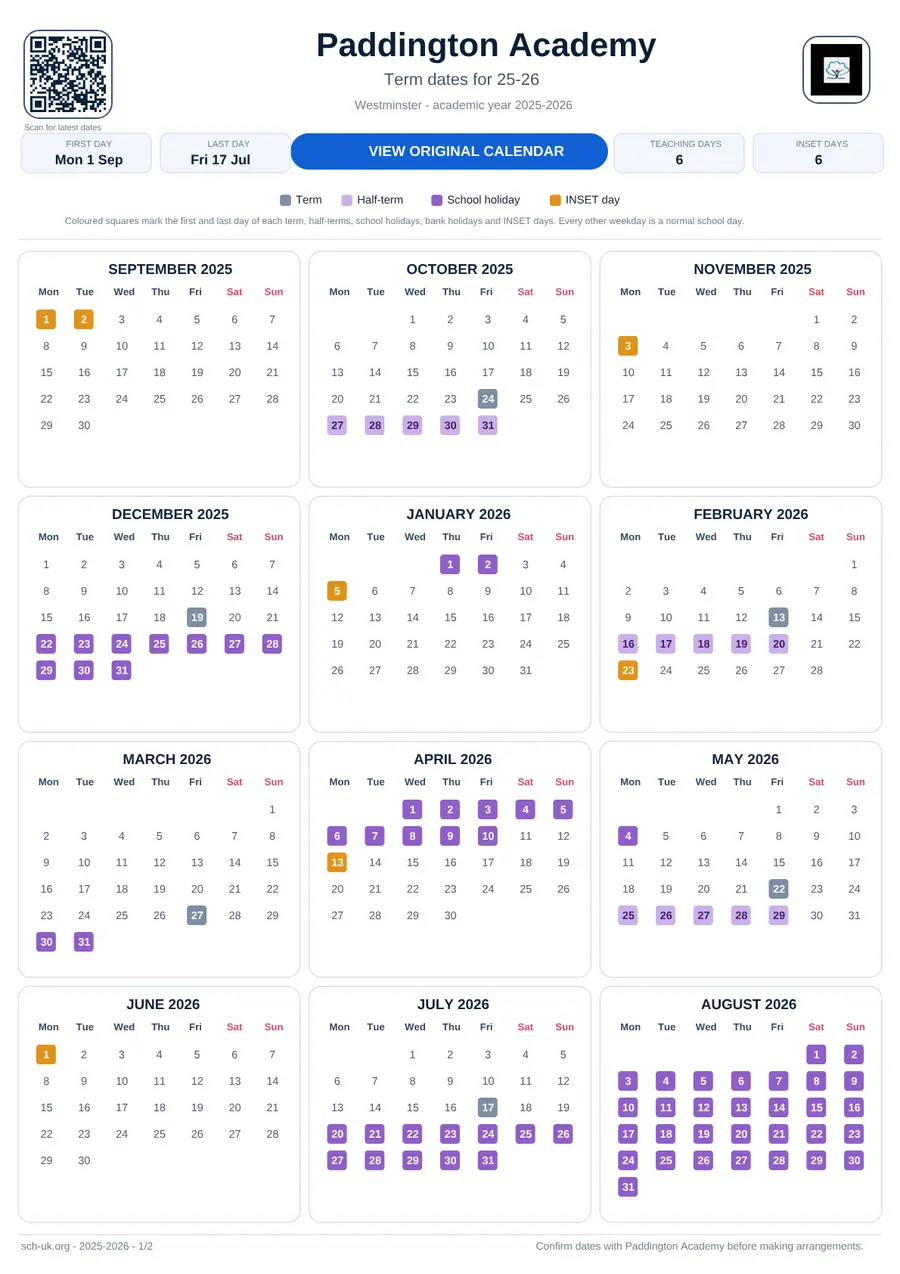 Paddington Academy interactive calendar 2025–2026