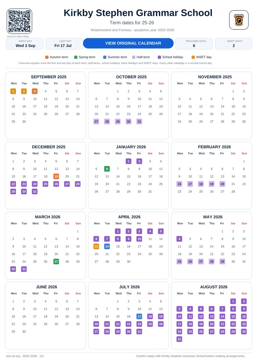 Kirkby Stephen Grammar School term dates calendar 2025–2026
