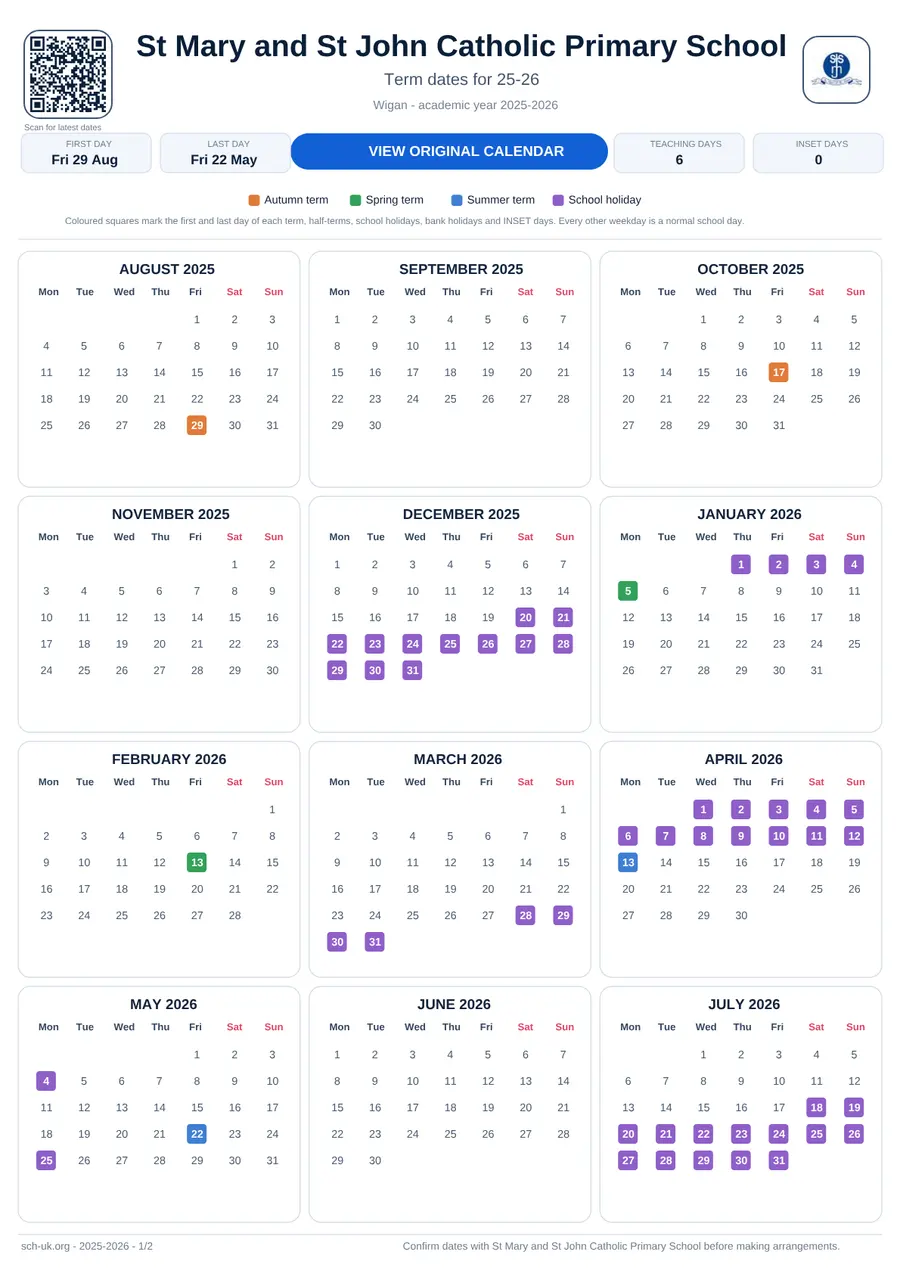 St Mary and St John Catholic Primary School interactive calendar 2025–2026