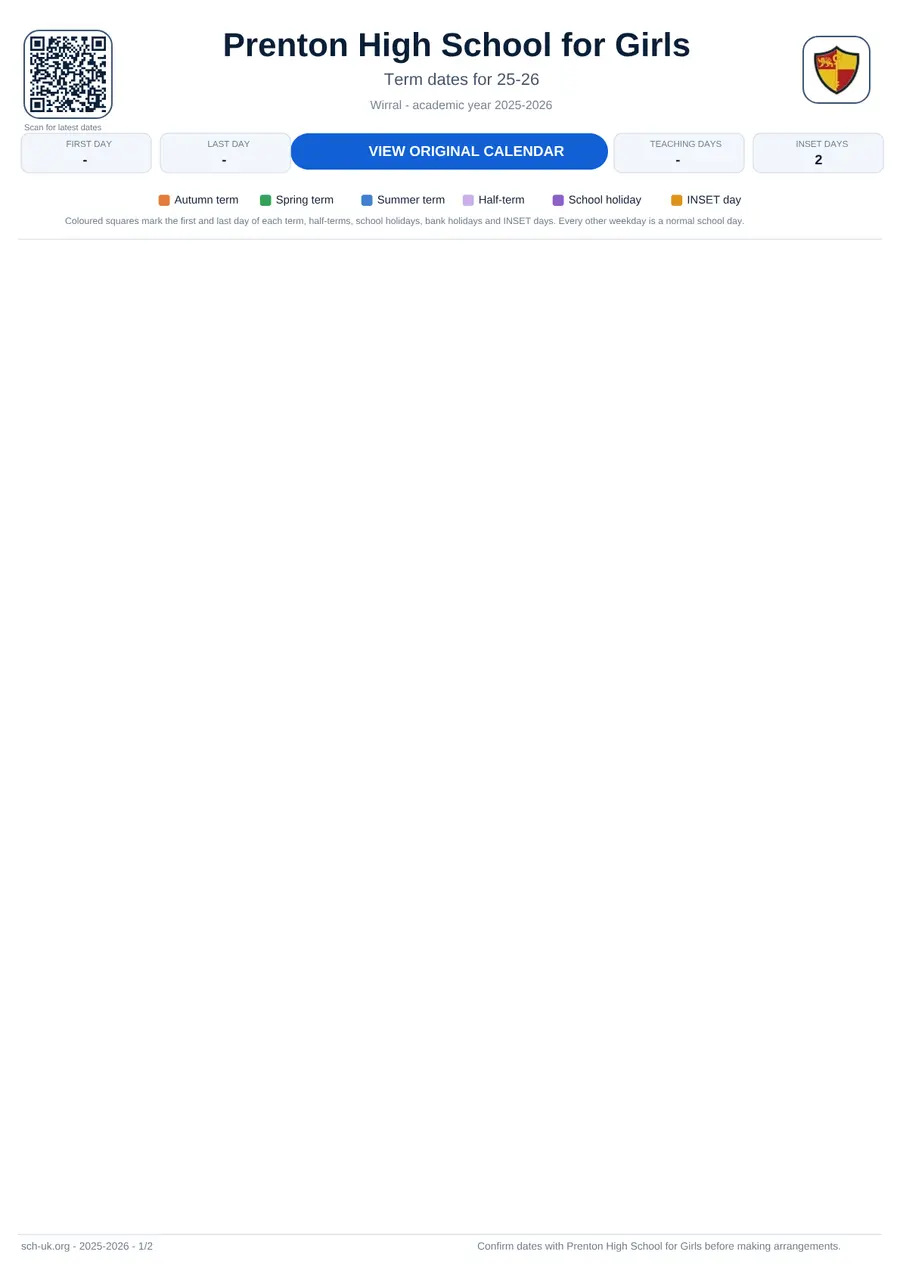 Prenton High School for Girls interactive calendar 2025–2026
